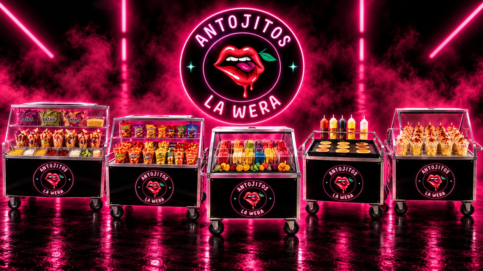 Stylized Antojitos La Wera promotional graphic with a pink neon logo and catering carts