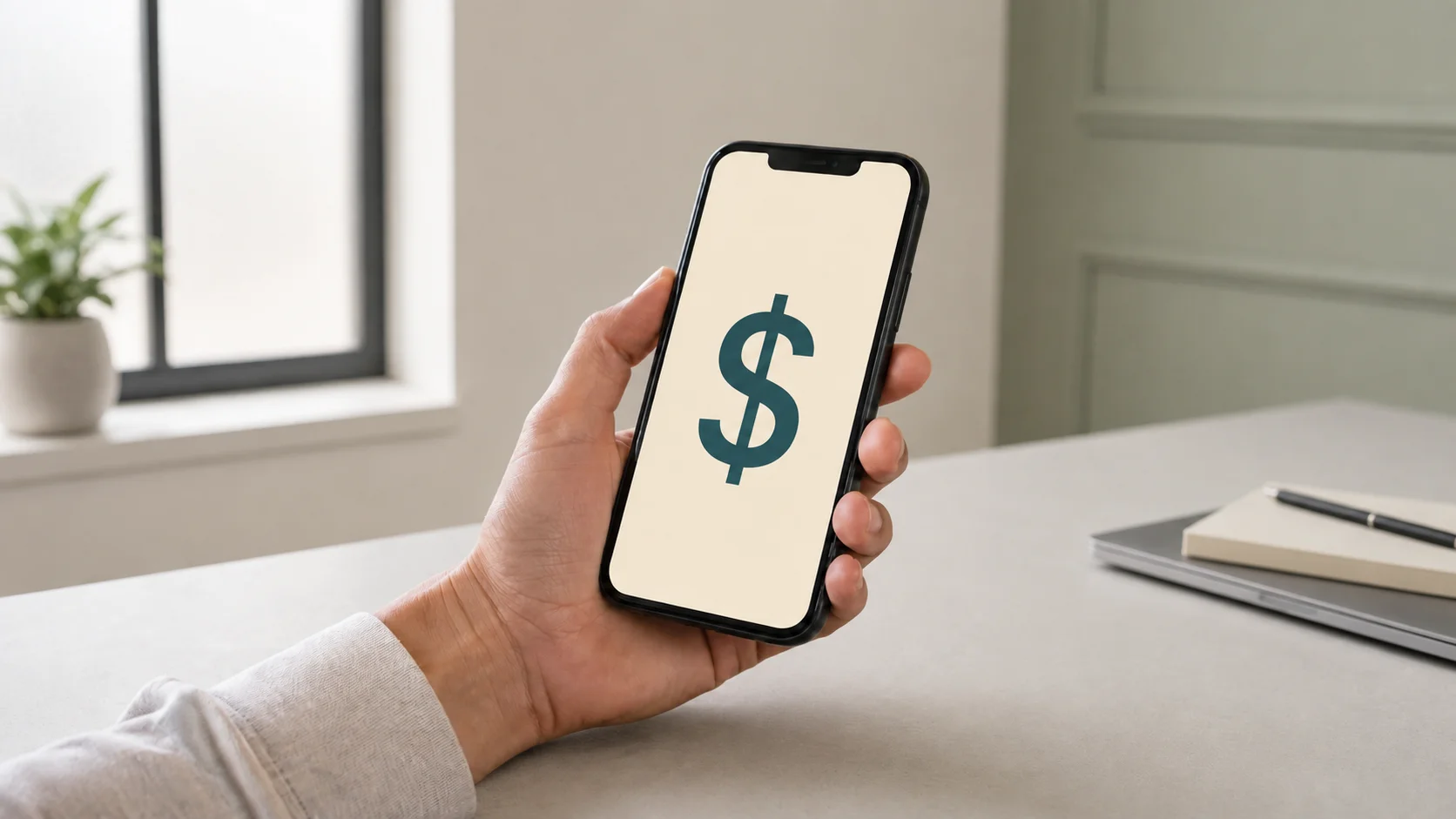 A hand holds a phone displaying one dollar sign