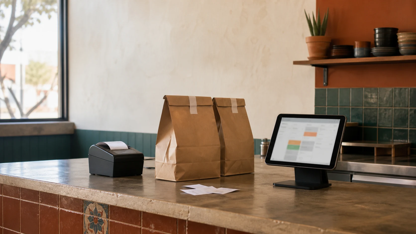 Restaurant pickup orders beside a tablet used to manage incoming online orders