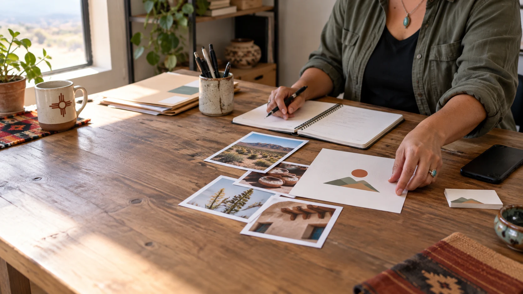 Small-business owner organizing a logo, service notes, and photos before starting a website project